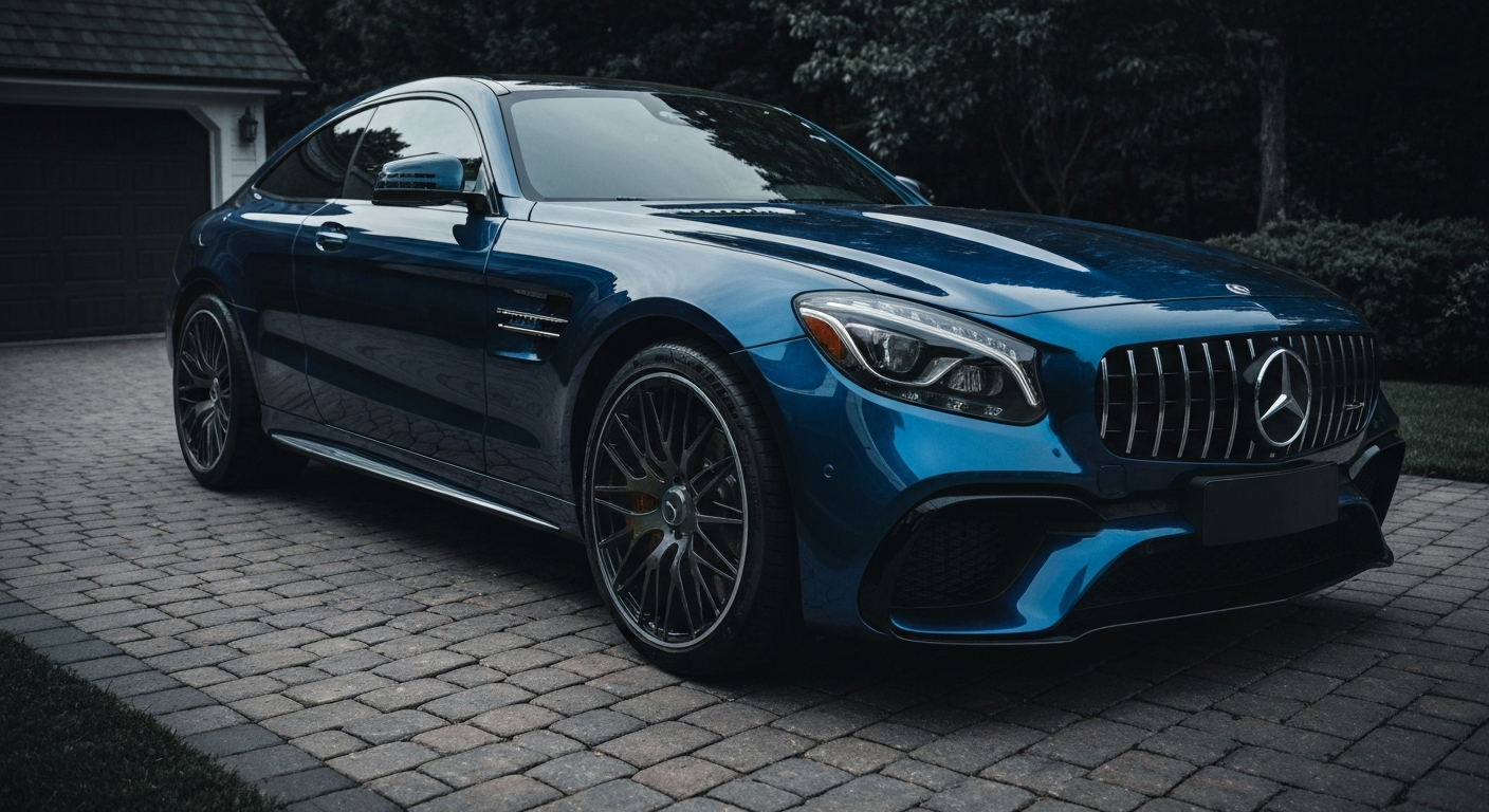 Luxury car with fresh ceramic coating in driveway