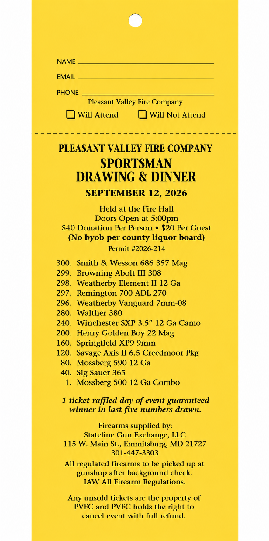 Pleasant Valley Fire Company Sportsman Drawing & Dinner