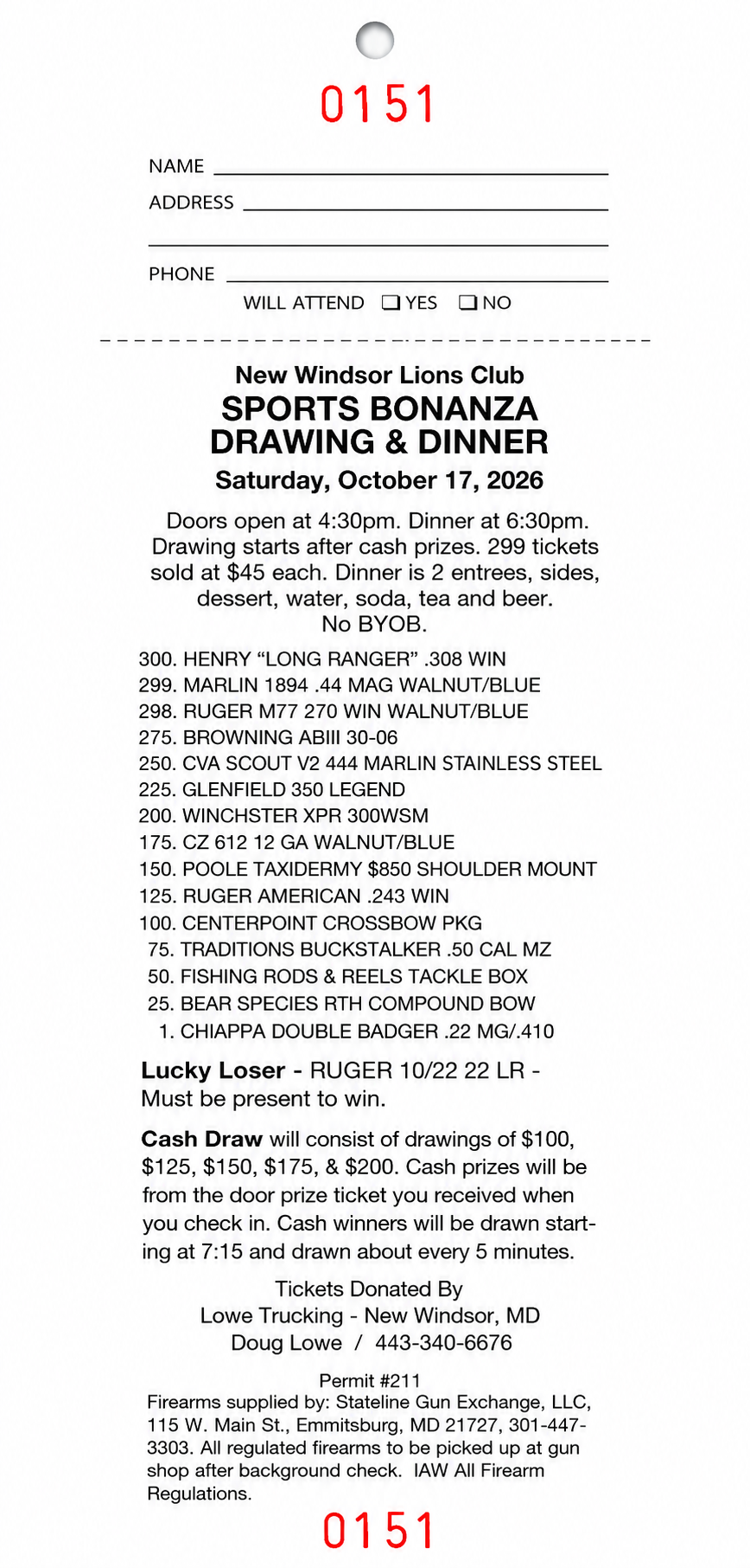 New Windsor Lions Club Sports Bonanza Drawing & Dinner