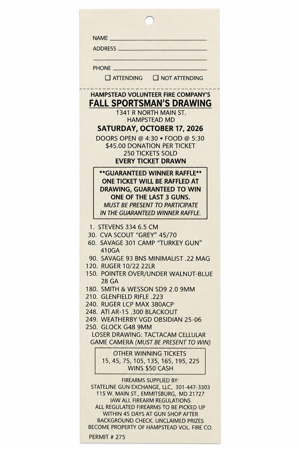 Hampstead Volunteer Fire Company Fall Sportsman’s Drawing
