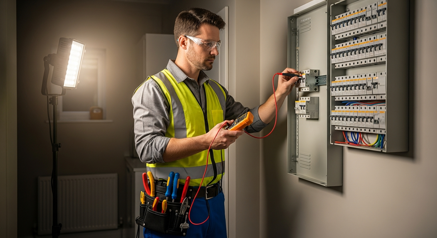 Electrician working on electrical panel