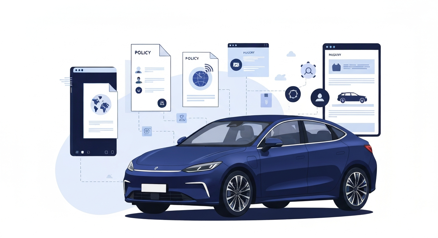 Auto Insurance Learning Center concepts including modern vehicle, digital policy documents, and educational graphics