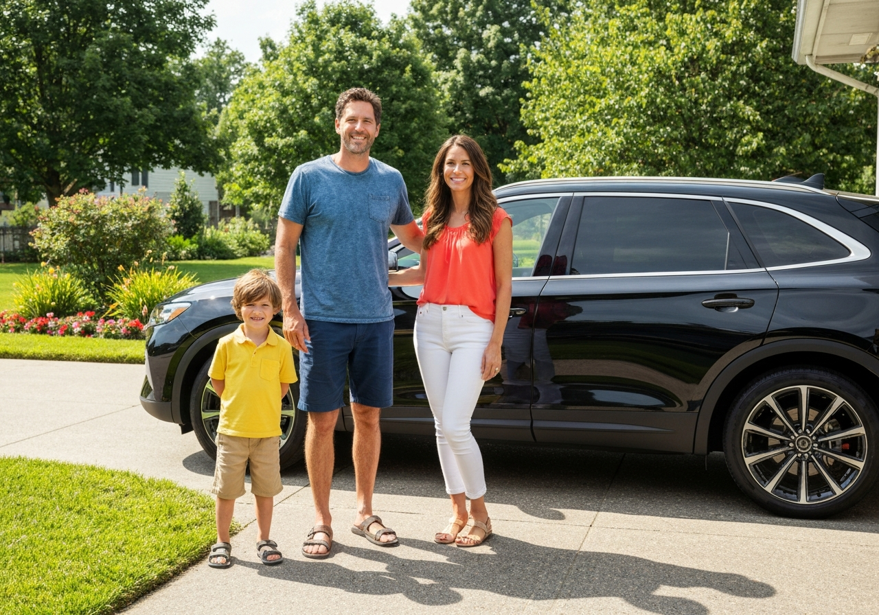 Dad, mom, and child standing next to a modern SUV in a sunny suburban driveway