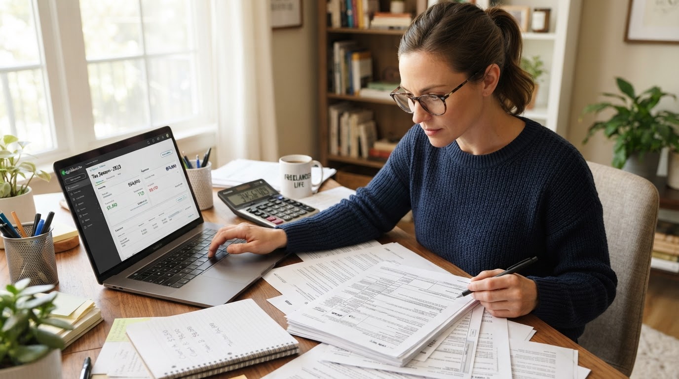 A freelancer reviewing multiple 1099 tax forms spread across a desk
