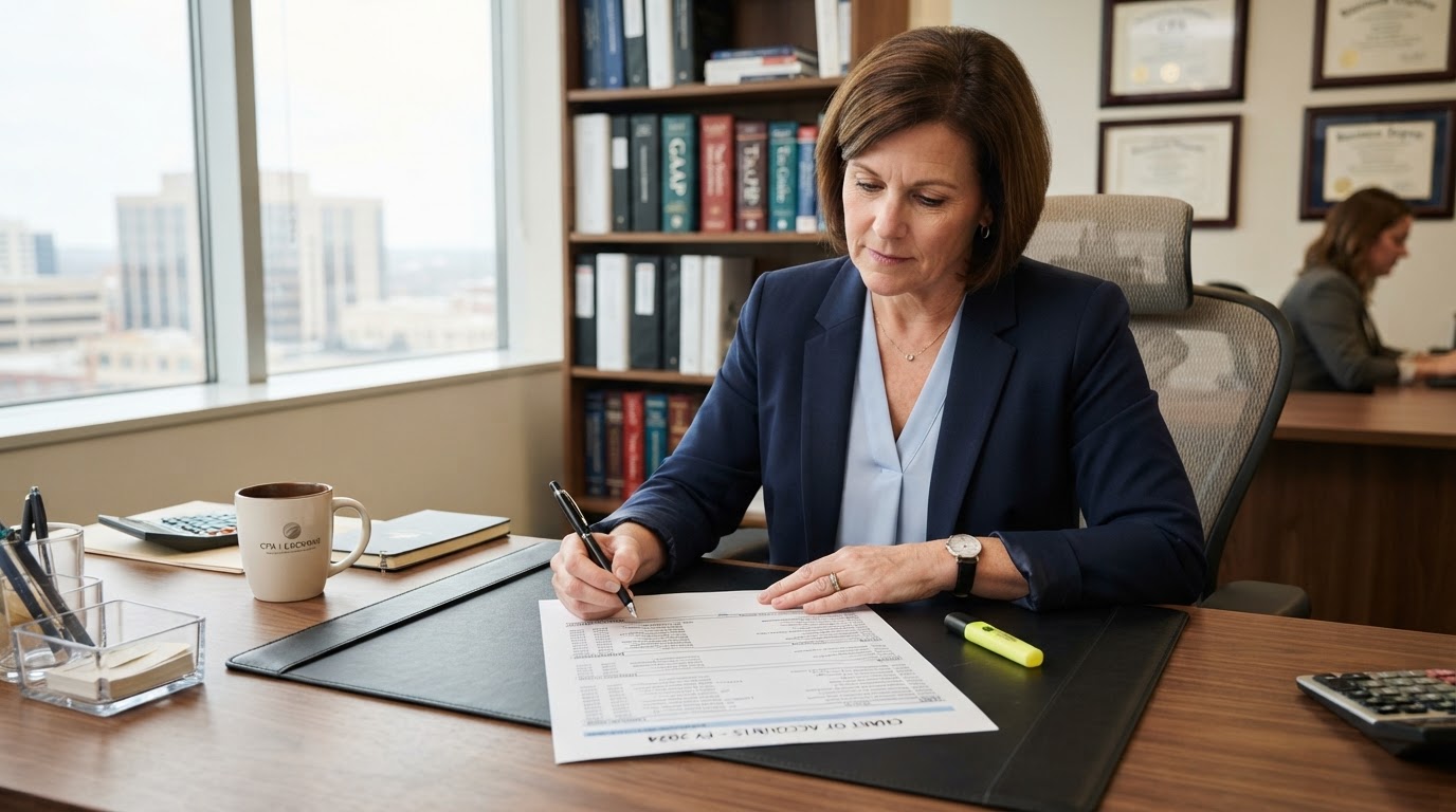 A business owner reviewing a printed chart of accounts document on a clean desk with a pen and highlighter
