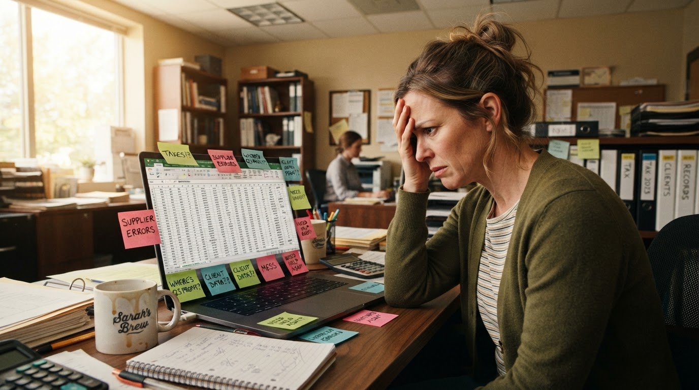 A frustrated small business owner looking at a laptop showing an overstuffed Excel spreadsheet surrounded by sticky notes and coffee