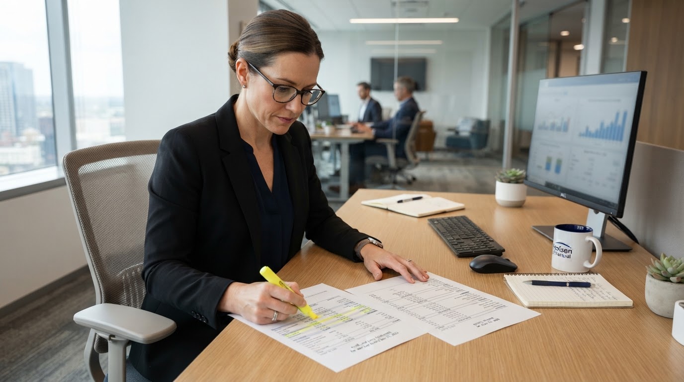 A business owner reviewing a printed profit and loss statement and balance sheet side by side on a clean modern desk