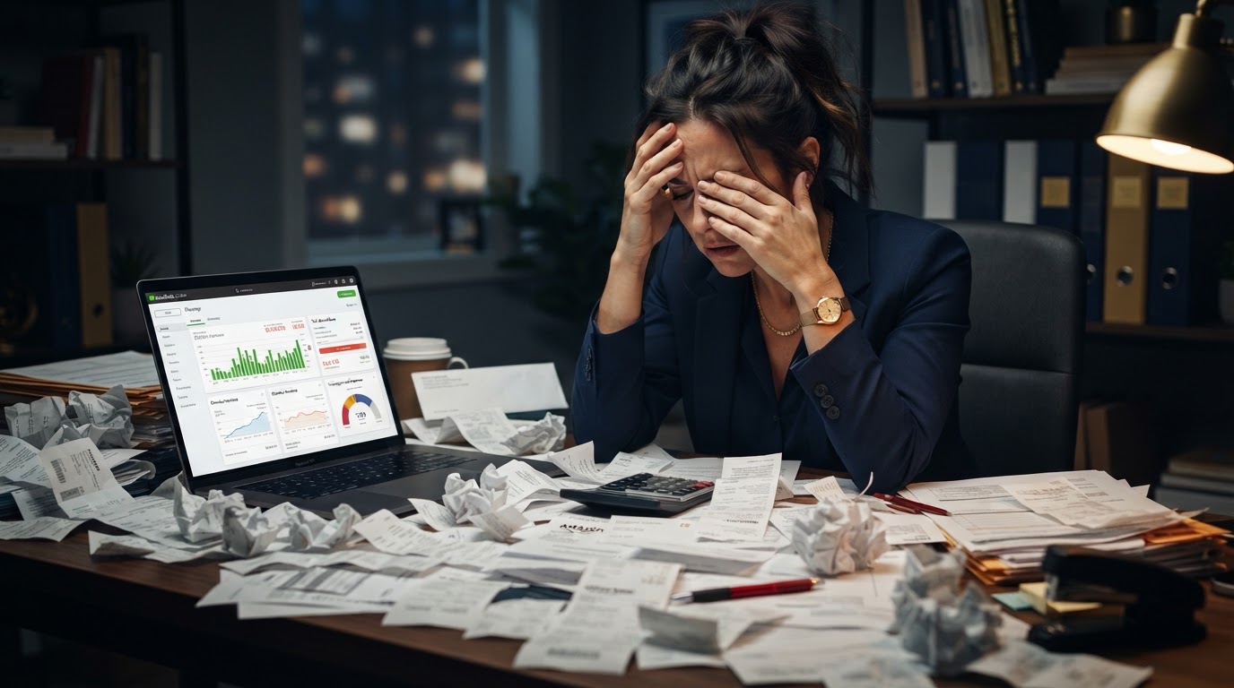 Overwhelmed business owner at a cluttered desk full of receipts