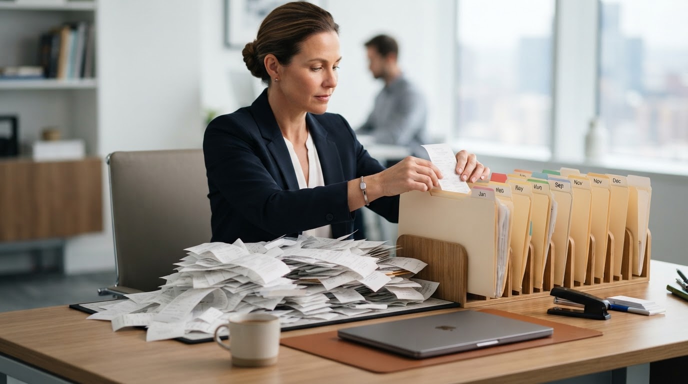 A business owner organizing a giant stack of receipts by month into labeled folders on a clean modern office desk