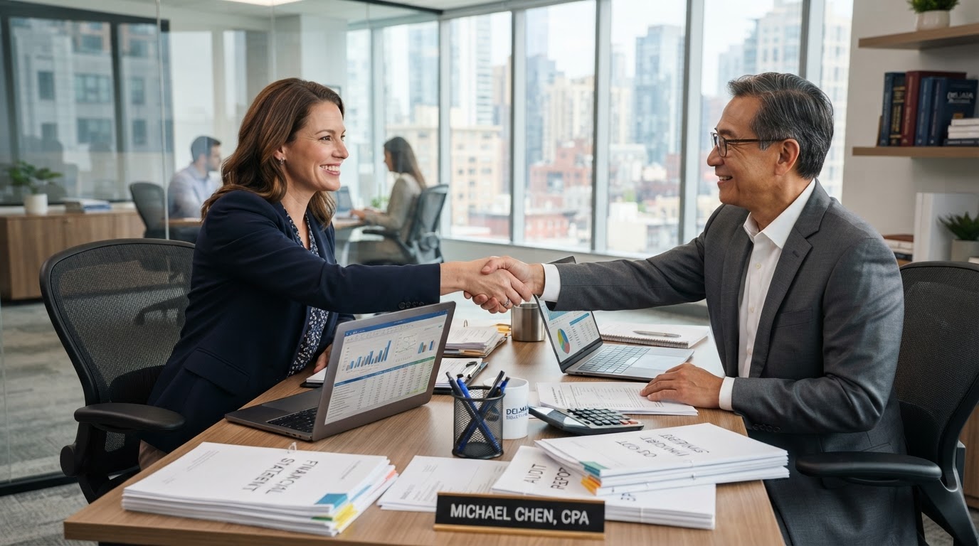 A business owner shaking hands with a professional accountant across a desk covered in financial documents and a laptop