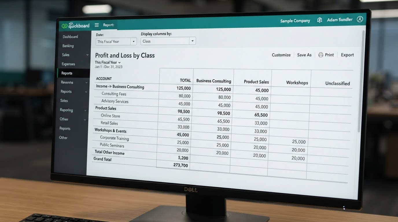 Close-up of a computer screen showing QuickBooks Online class tracking feature with income categorized by revenue streams