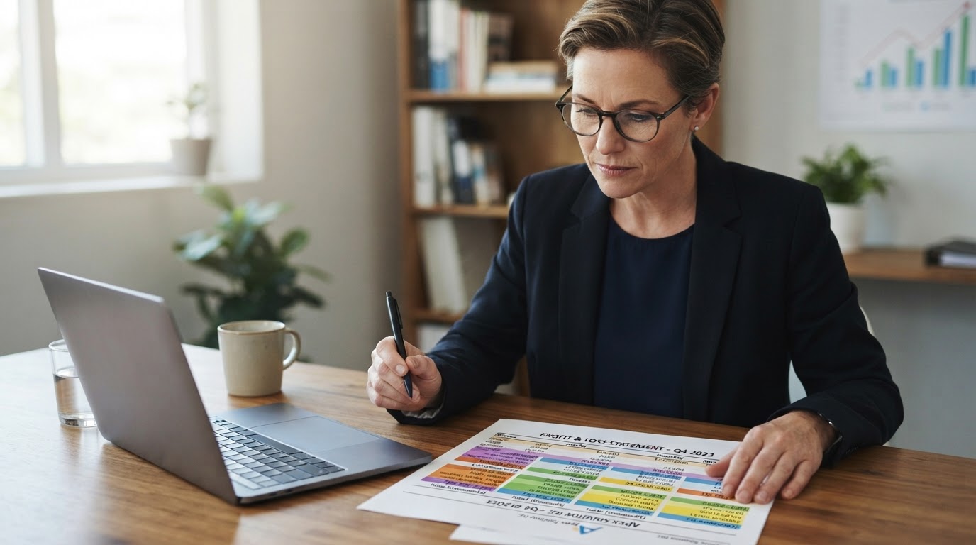 A business owner looking at a printed profit and loss statement broken down by revenue stream with each income source highlighted