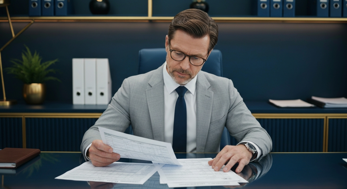 Business owner reviewing payroll documents