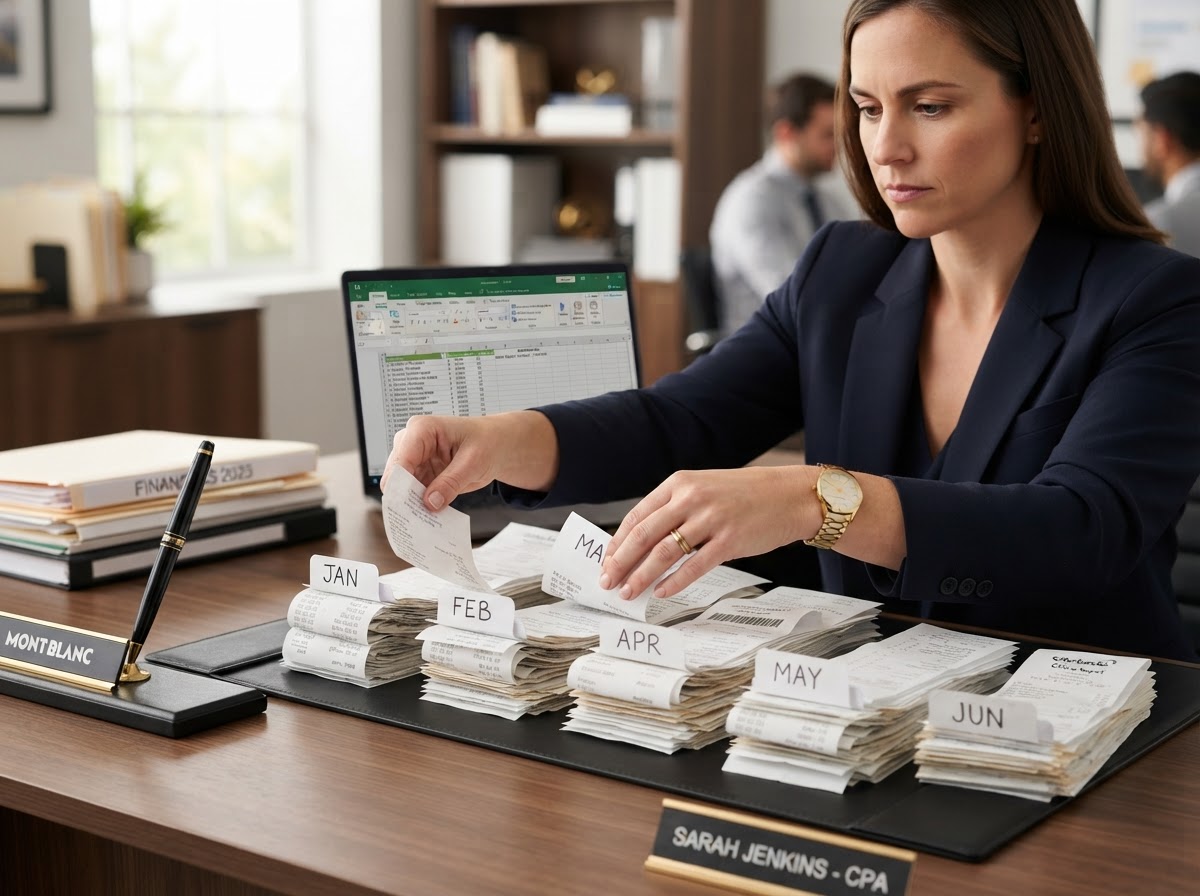 Professional accountant organizing a stack of unrecorded receipts chronologically by month