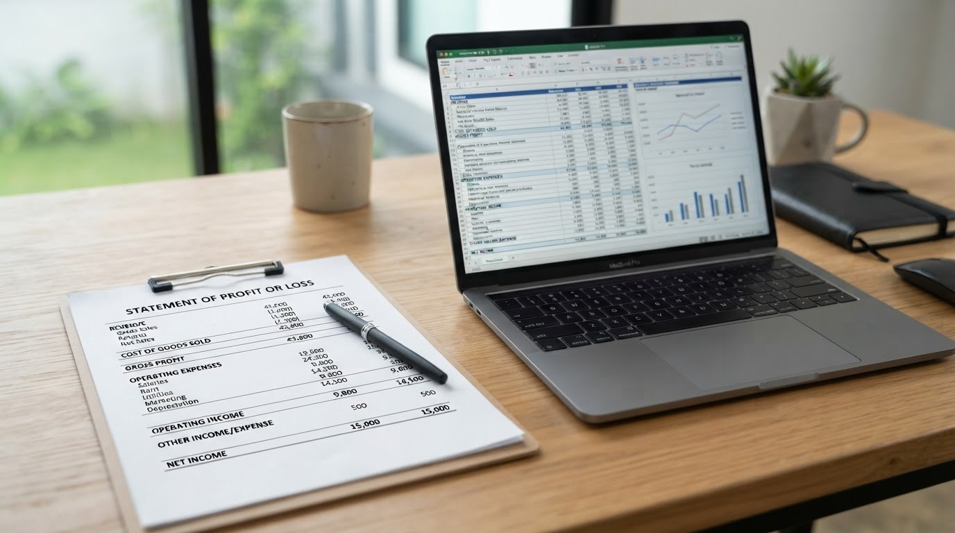 A clean organized profit and loss report printed on paper next to a laptop showing balanced financial statements