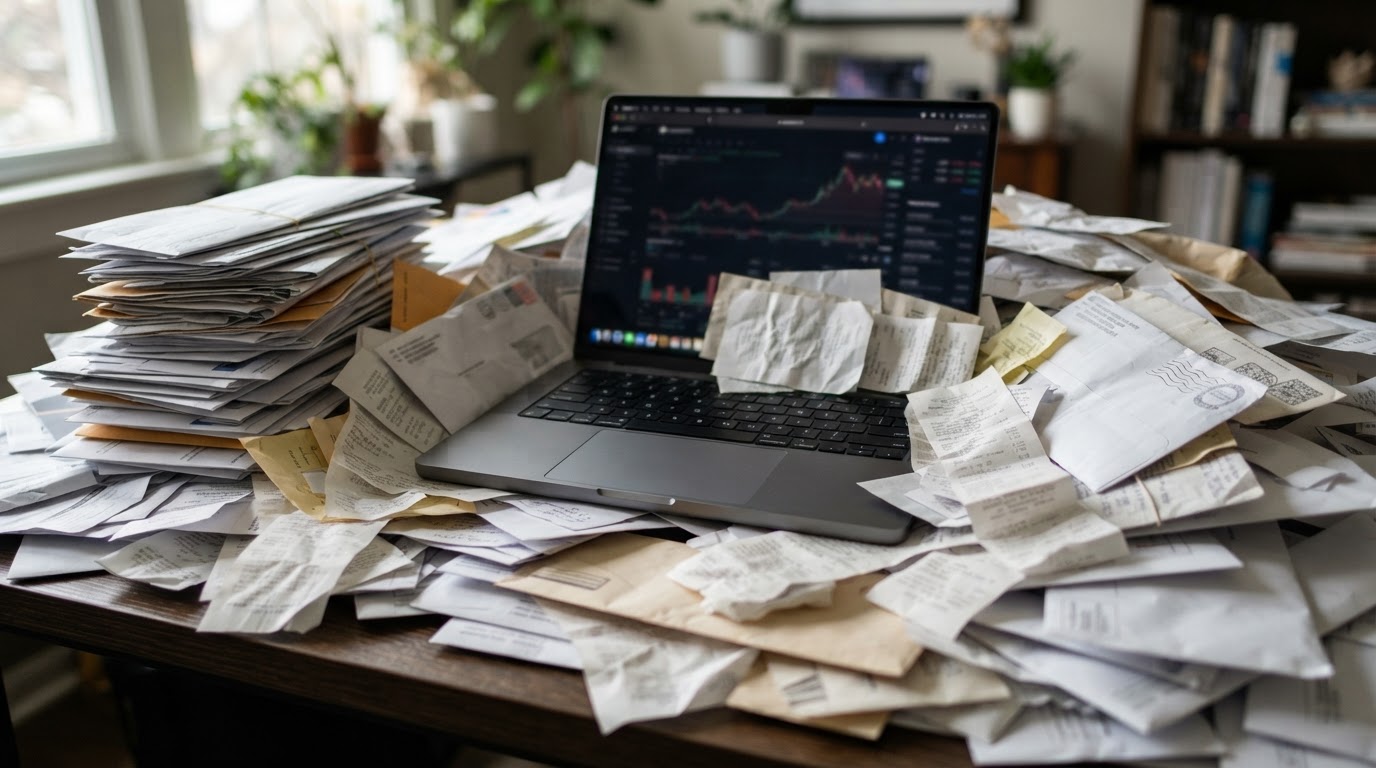 A close-up of a desk piled high with twelve months of unopened bank statements and crumpled receipts around a laptop