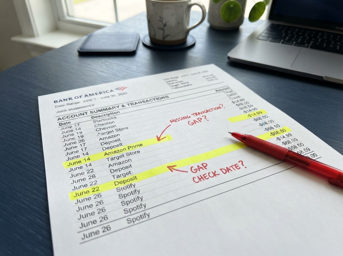 Bank statement with highlighted missing transactions and a red pen marking gaps
