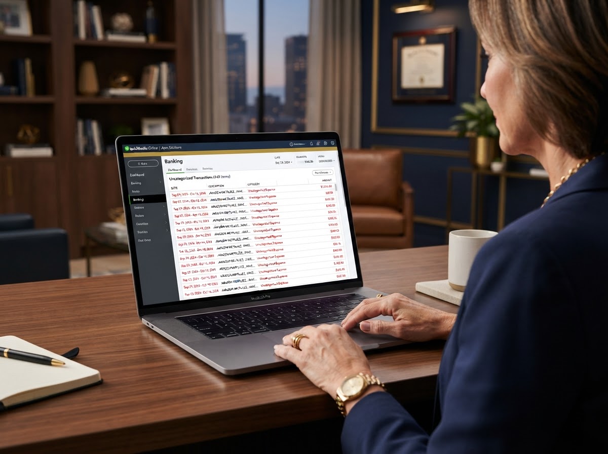 Laptop screen showing QuickBooks Online with hundreds of uncategorized transactions in red