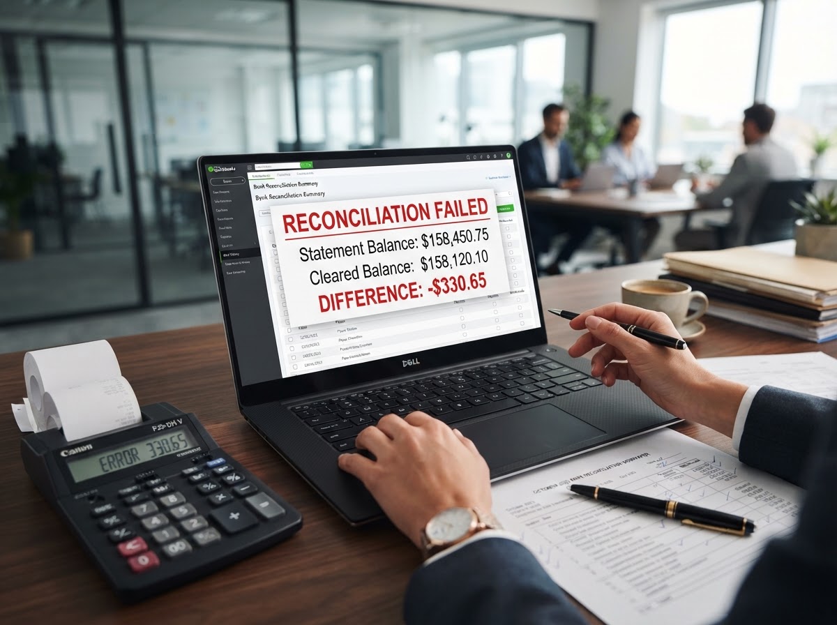 Bank reconciliation screen on a laptop showing a discrepancy error highlighted in red
