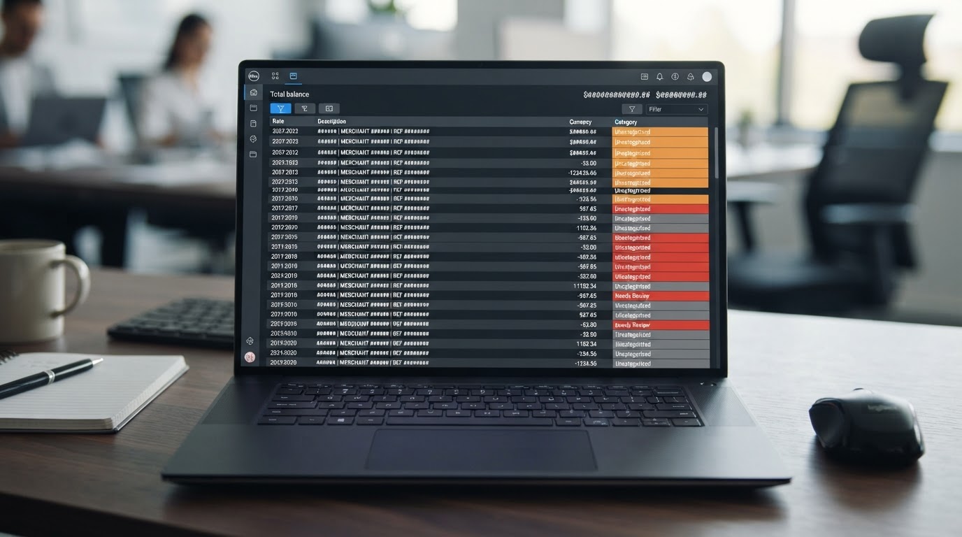 A laptop screen showing QuickBooks Online bank feed with hundreds of uncategorized transactions highlighted