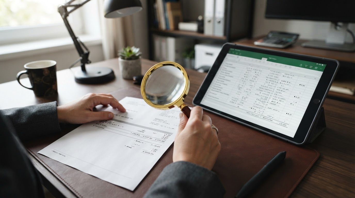 A magnifying glass held over a printed bank statement comparing it line by line with a digital ledger on a tablet