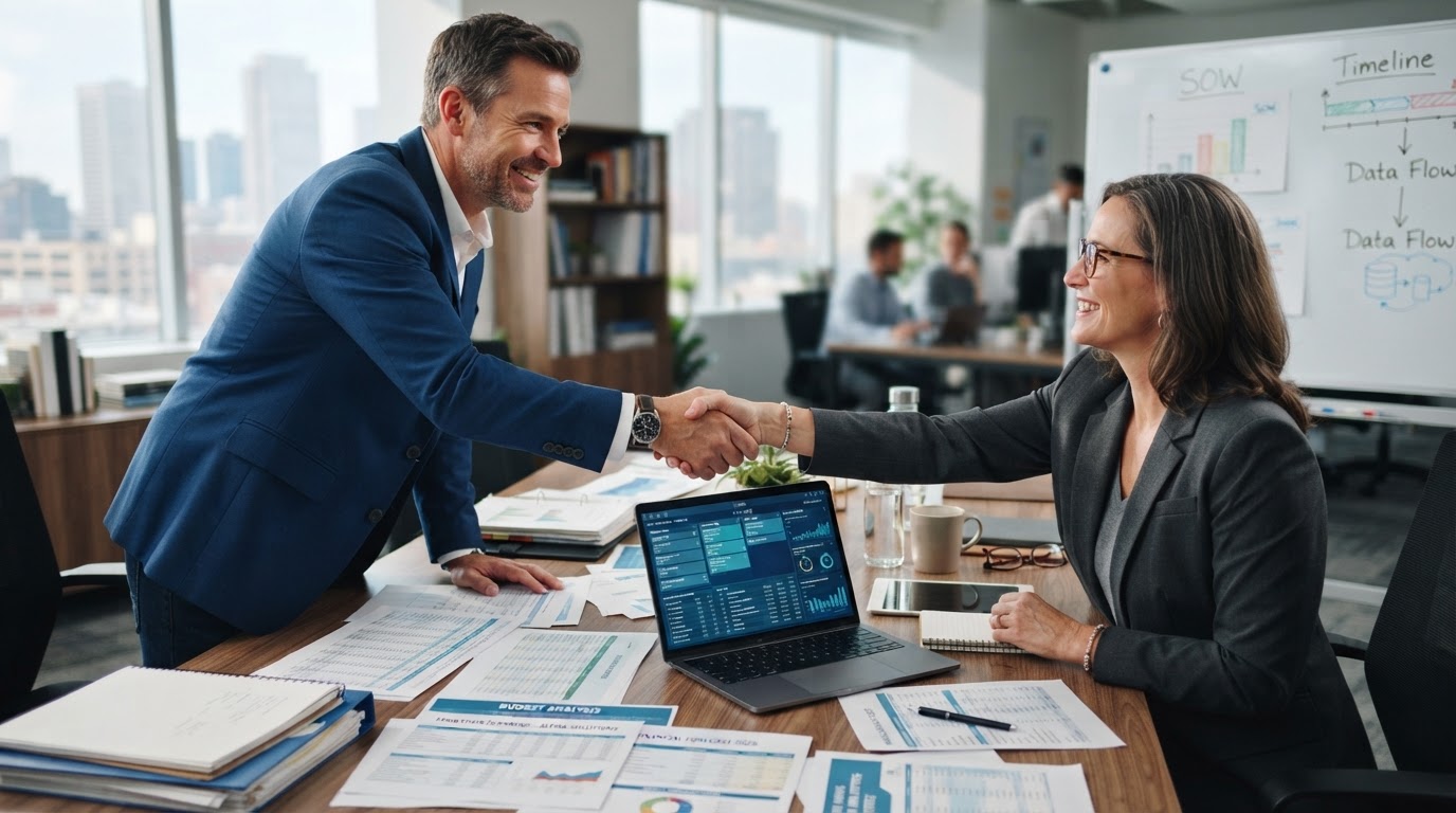 A business owner shaking hands with a professional accountant over a desk covered in financial documents and a laptop