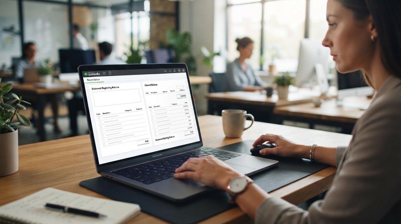 A laptop screen showing a bank reconciliation screen in QuickBooks Online with a beginning balance and ending balance comparison