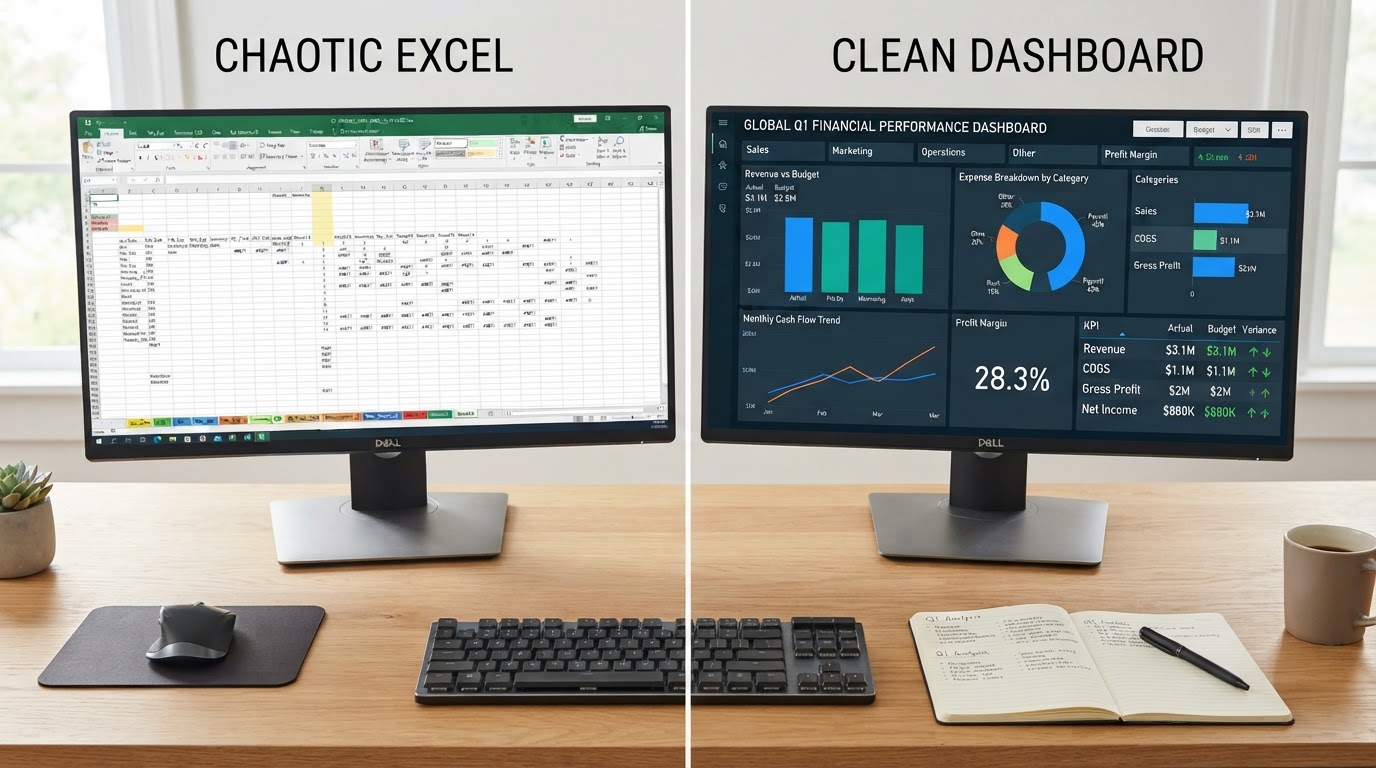 A side by side comparison of a chaotic multi tab Excel workbook versus a clean organized accounting dashboard with clear charts and categories