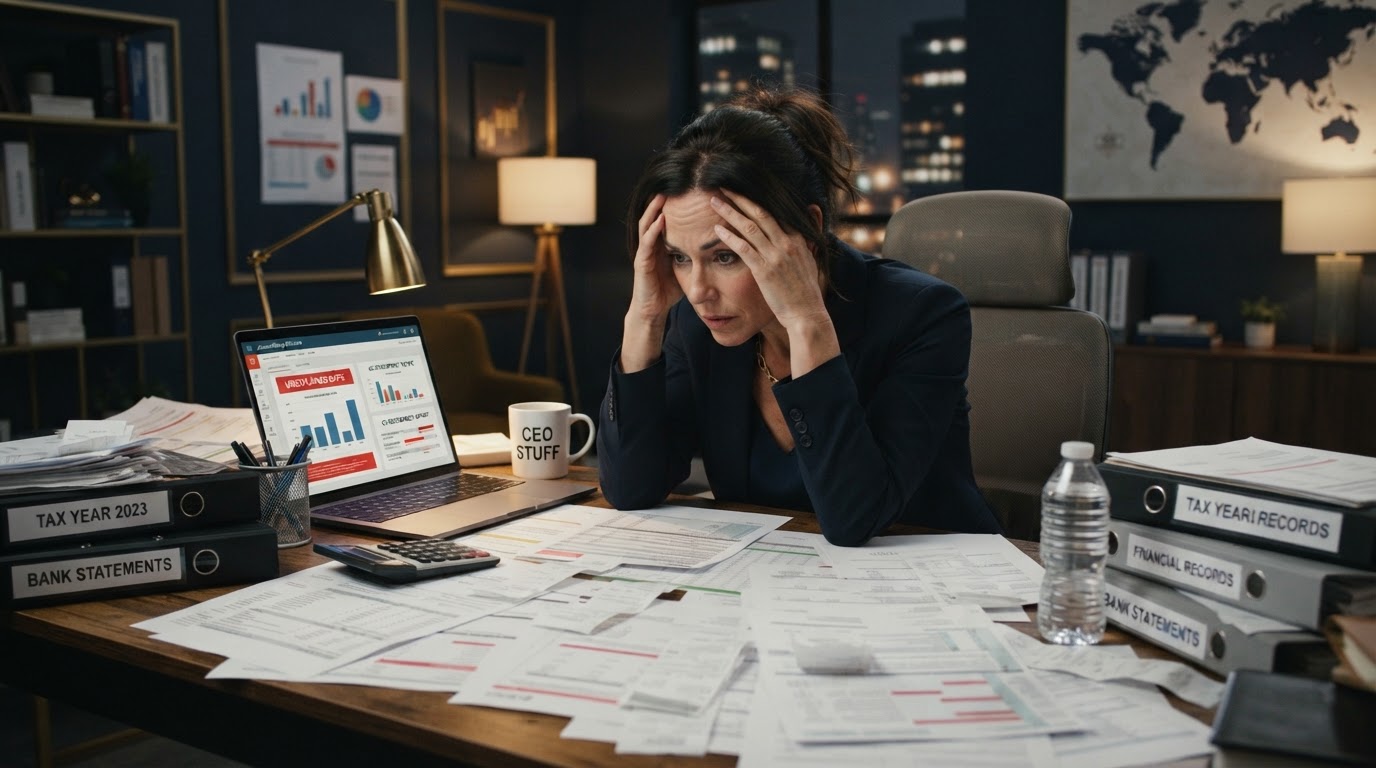 Stressed business owner at a desk surrounded by scattered papers and a laptop showing gaps in financial records