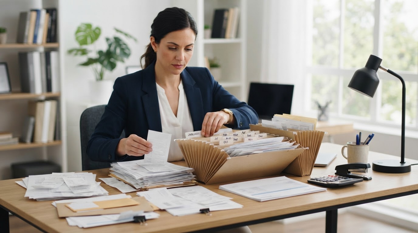 A business owner organizing stacks of old bank statements and receipts chronologically into labeled monthly folders on a clean modern office desk