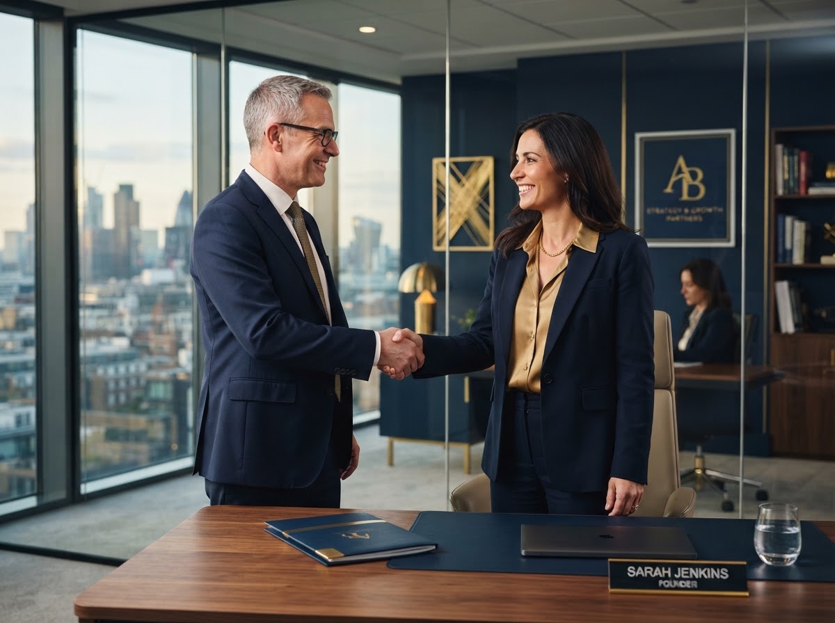 Confident business owner shaking hands with a professional accountant in a modern office