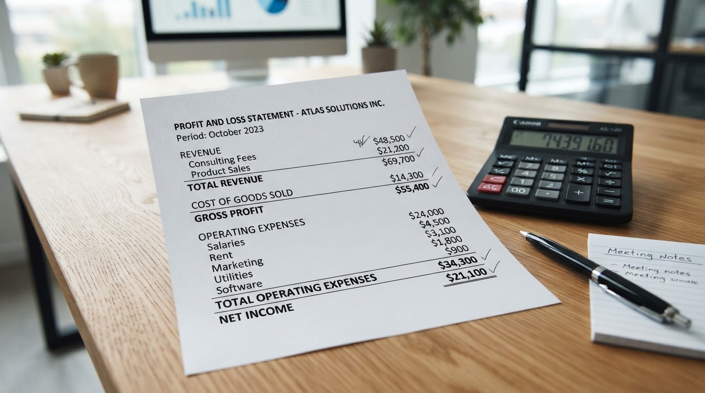 Close-up of a profit and loss statement printed on paper on a clean desk with a calculator and pen