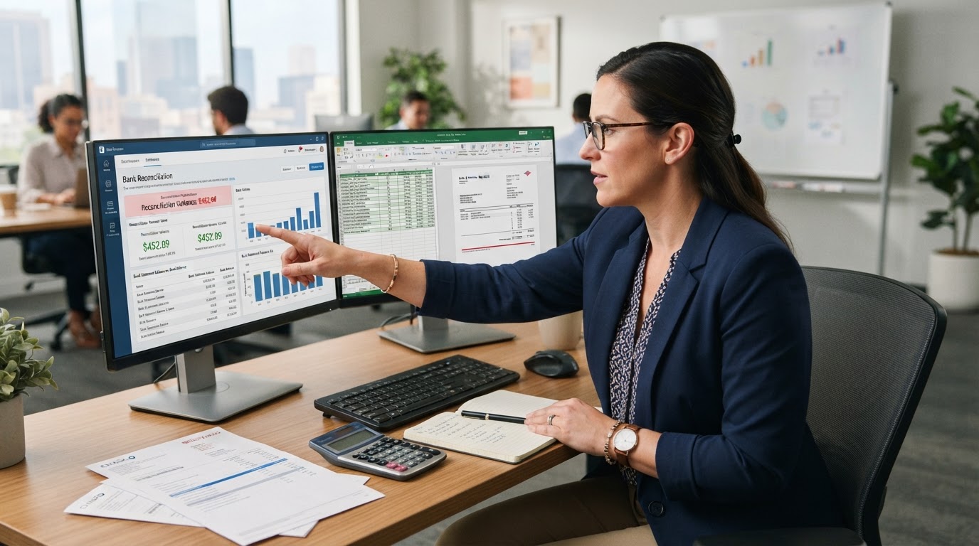 A professional accountant pointing at a reconciliation screen on a dual monitor setup while reviewing multiple bank account statements