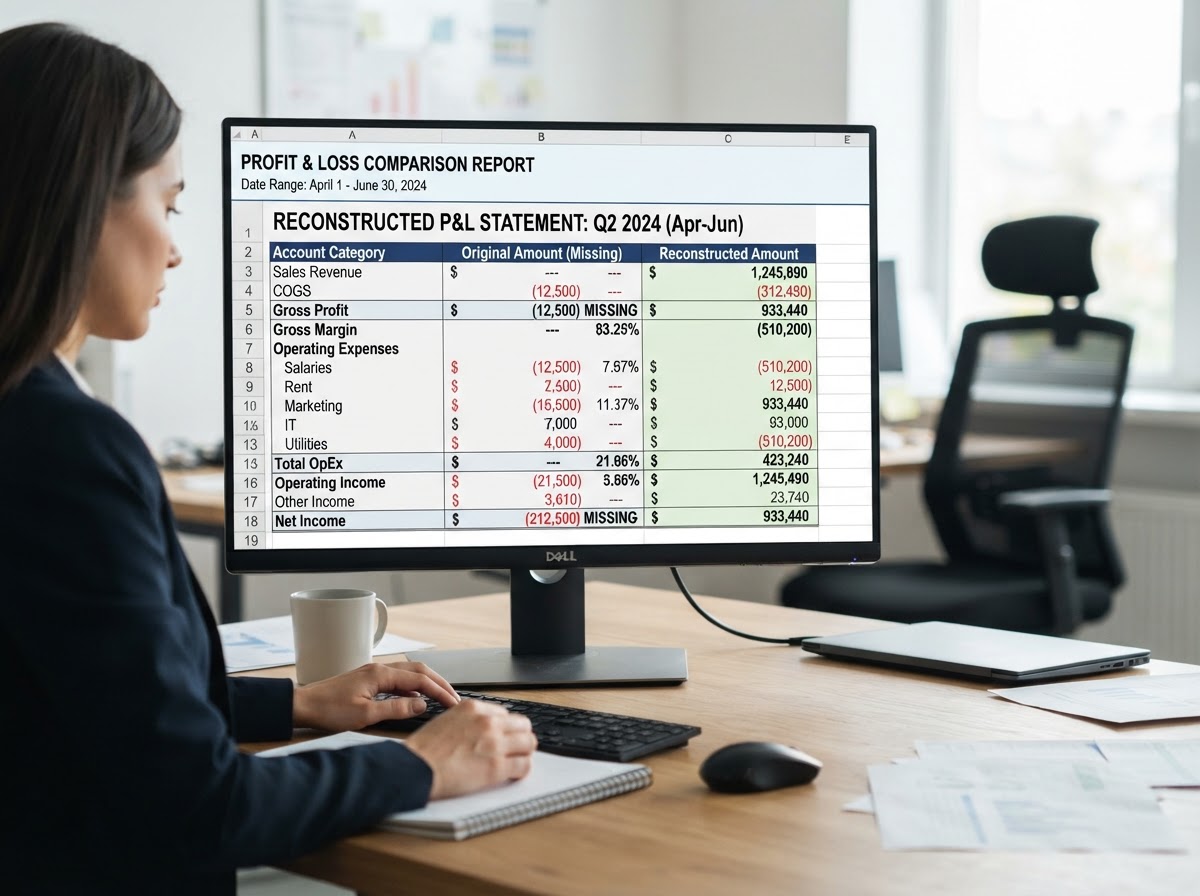 Profit and loss statement showing reconstructed versus missing numbers side by side