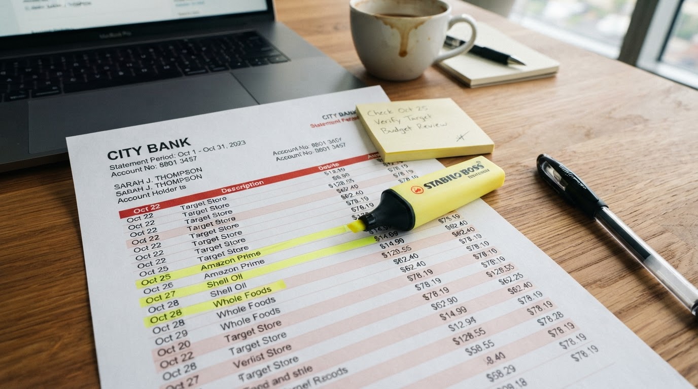 Close-up of a printed bank statement on a desk with a yellow highlighter marking transactions