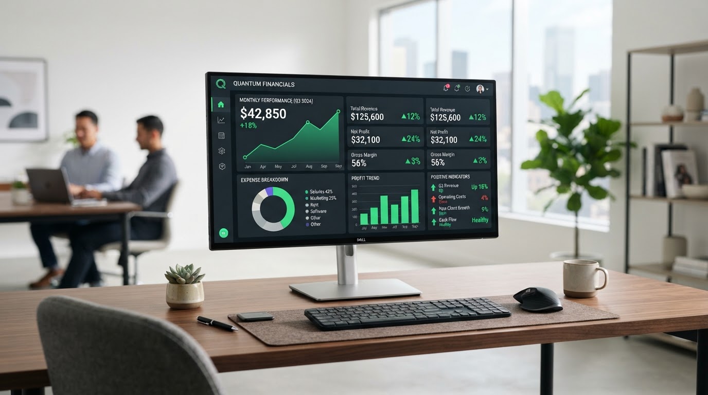 A clean modern desktop computer showing a polished accounting software dashboard with profit charts, expense breakdowns, and green positive indicators