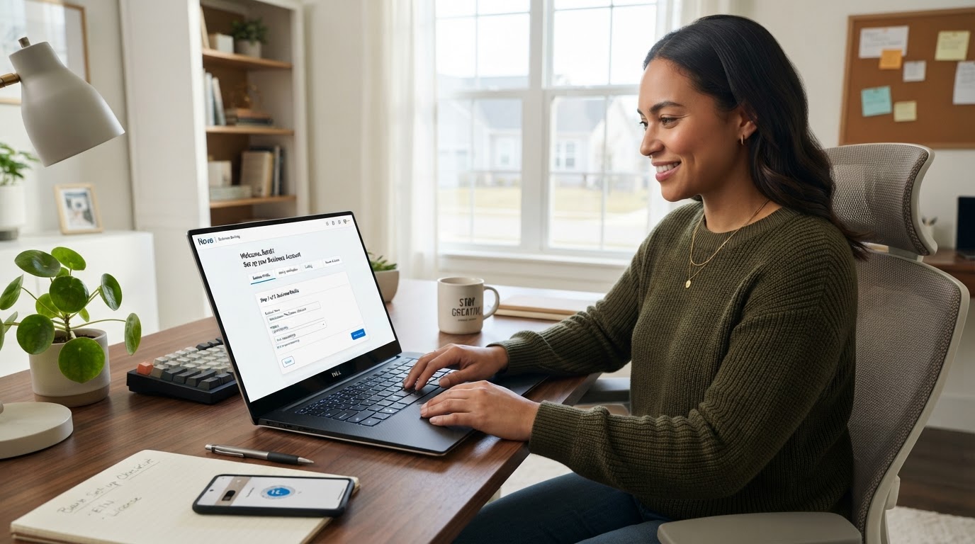 A freelancer setting up a dedicated business bank account on a laptop
