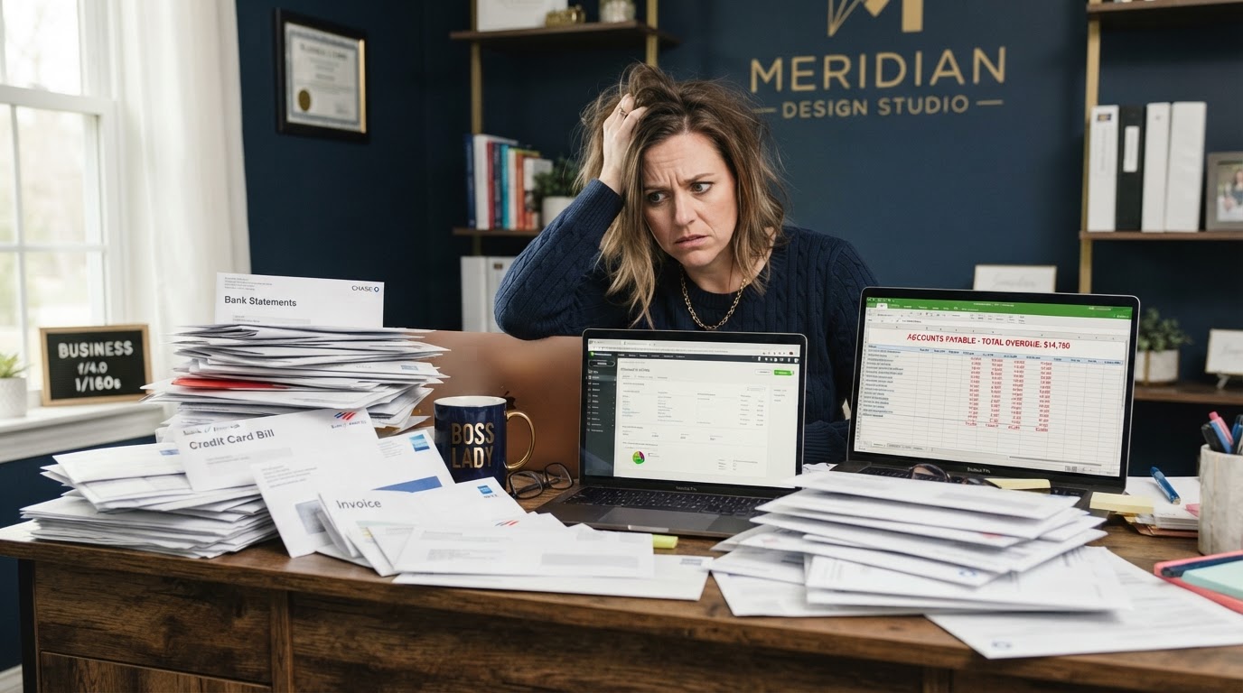 Stressed business owner surrounded by six months of unopened bank statements