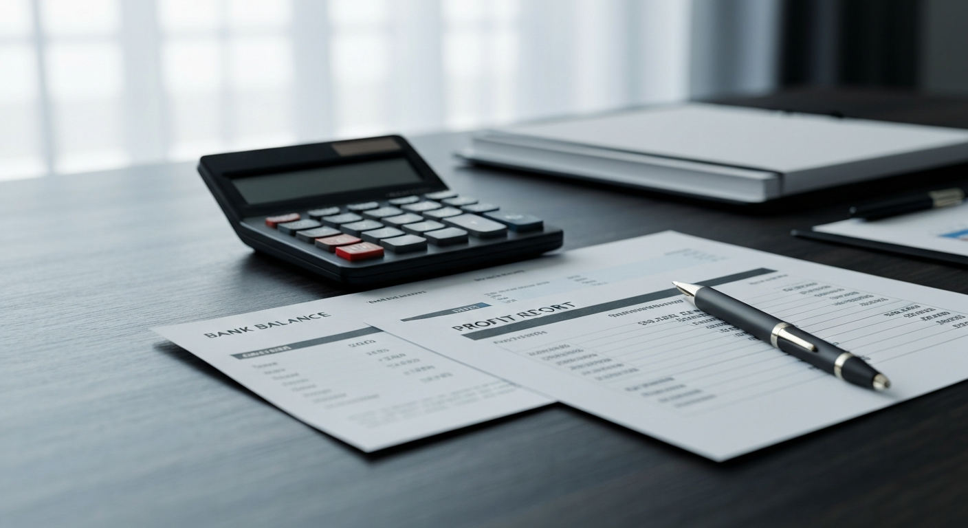 Sleek modern office desk with a calculator and a bank statement