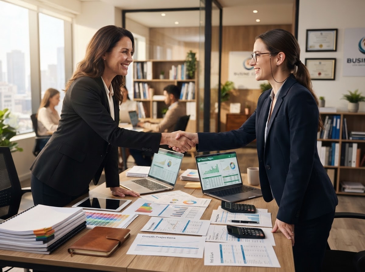 Confident business owner shaking hands with a professional accountant over organized financial reports