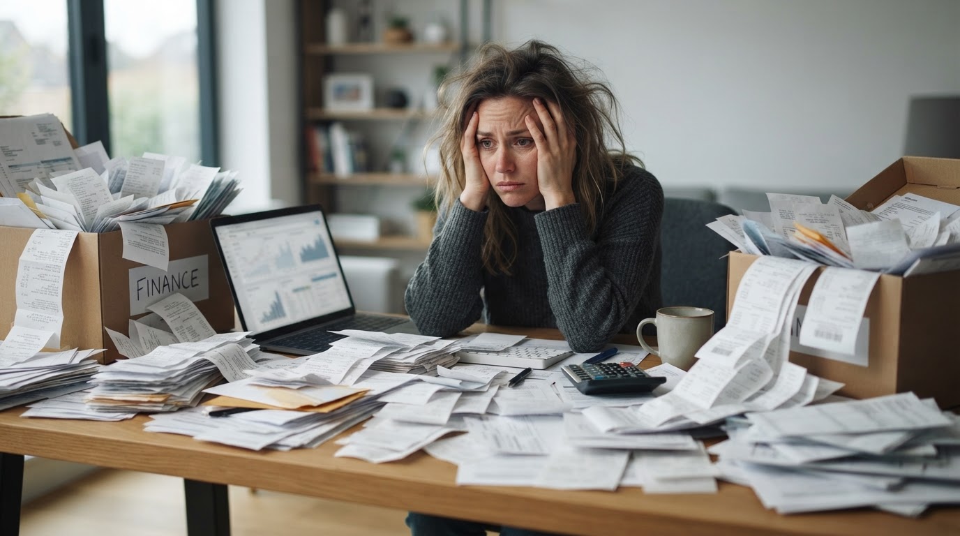 A stressed small business owner at a modern desk in January surrounded by a full year of unsorted receipts and bank statements