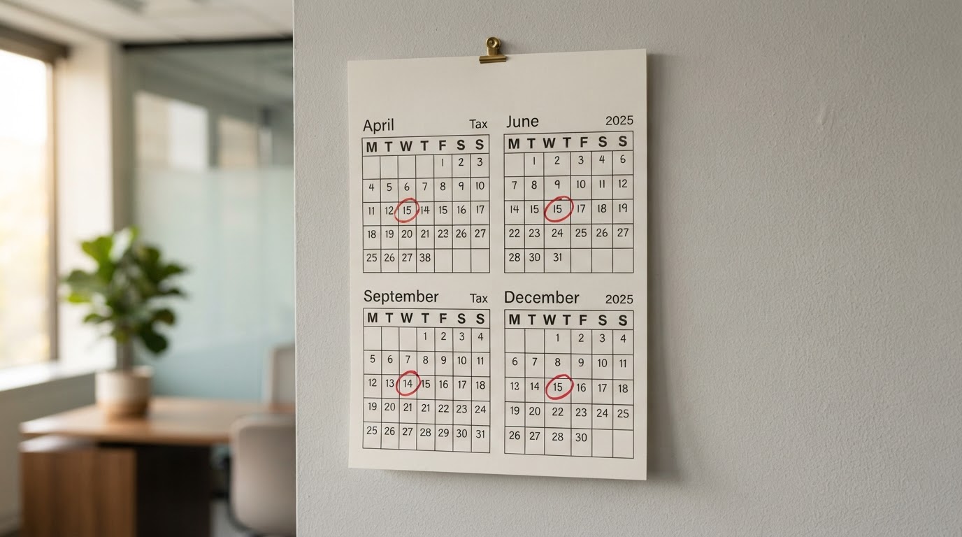 A wall calendar showing quarterly estimated tax payment deadlines marked with red circles