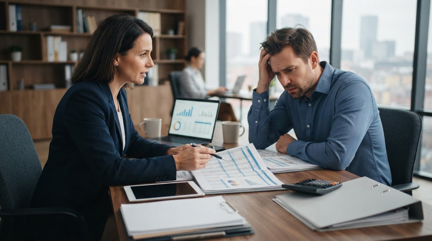 A professional accountant meeting with a stressed small business owner via video call reviewing organized year-end financial reports together