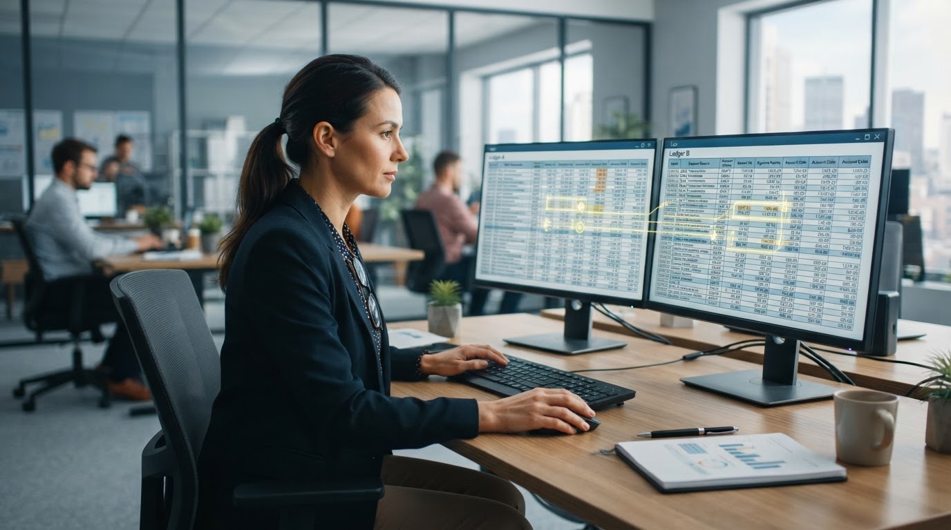A professional accountant reviewing duplicate transactions side by side on two monitors in a modern office, identifying matching entries