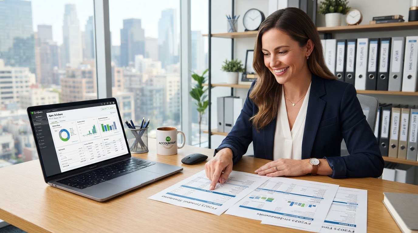A professional accountant pointing at a clean printed financial report on a desk next to a laptop running QuickBooks Online