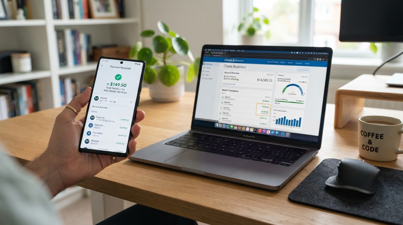 Close-up of a smartphone showing a payment app notification and a laptop showing a separate business bank account dashboard