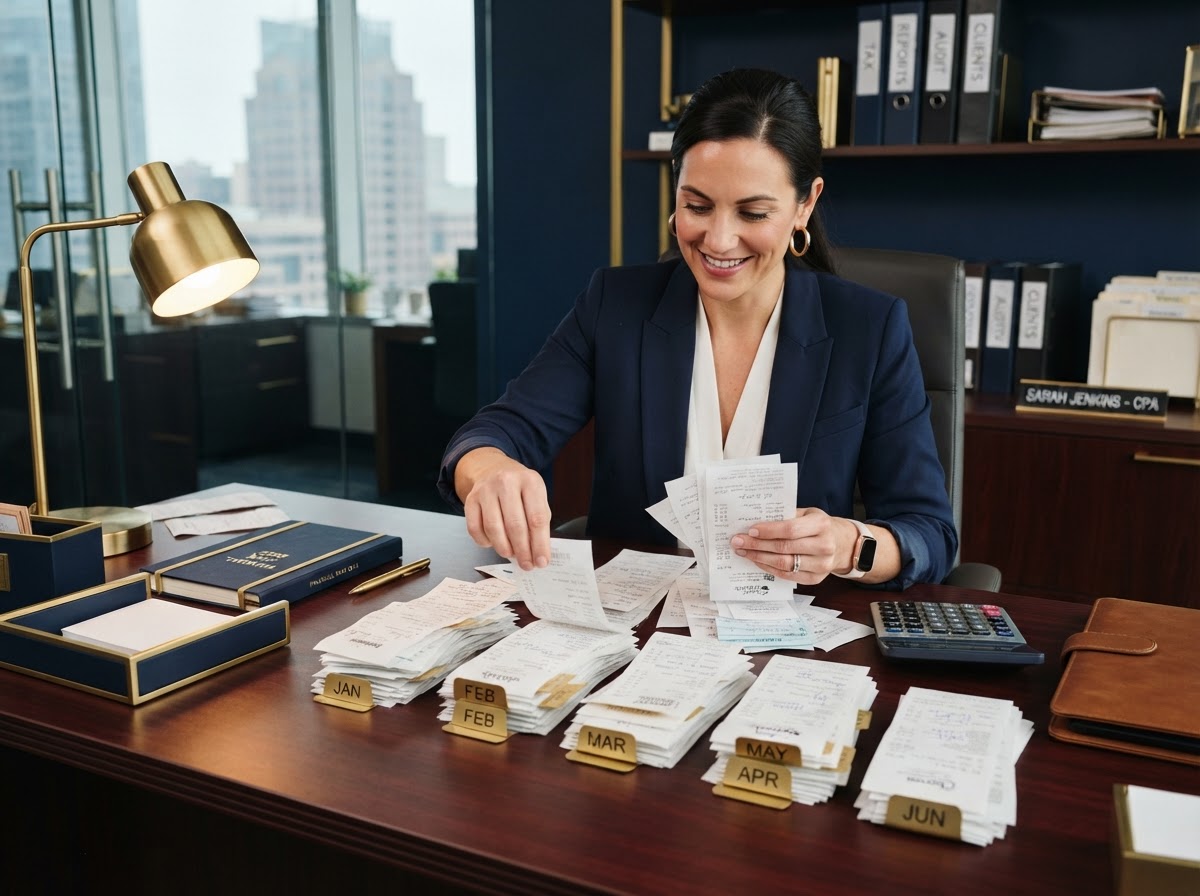 Professional accountant organizing a stack of scattered receipts chronologically by month