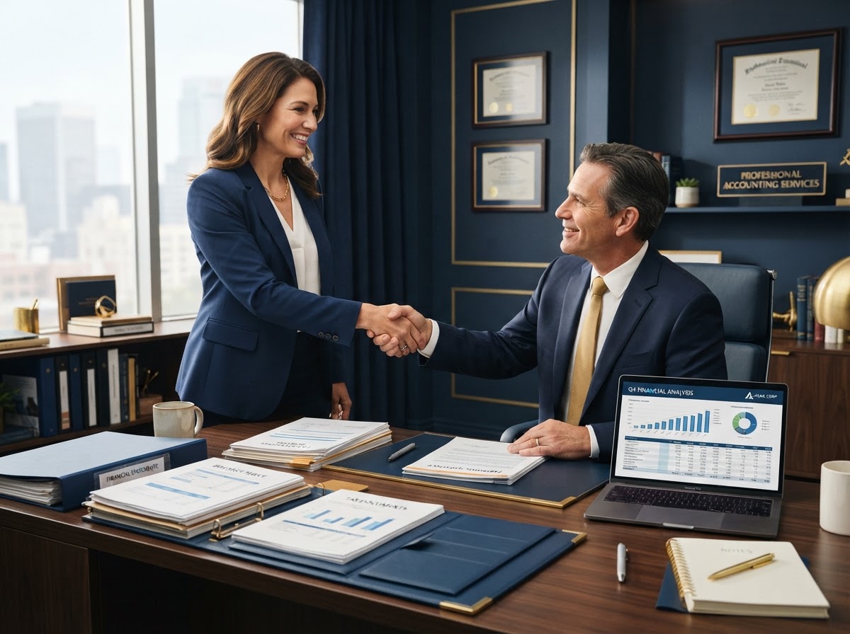 Business owner shaking hands with a professional accountant over organized financial statements and a laptop