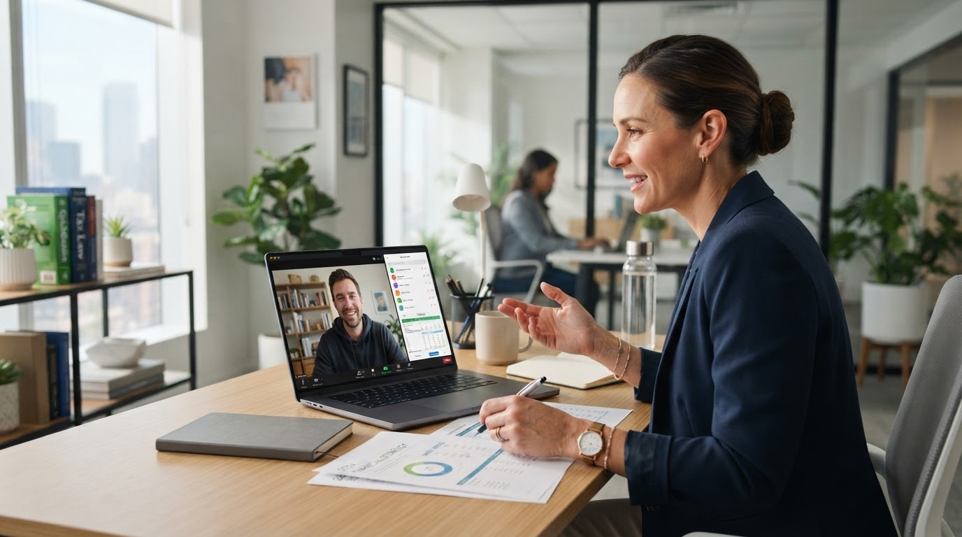 A professional accountant meeting with a freelancer via video call discussing financial strategy