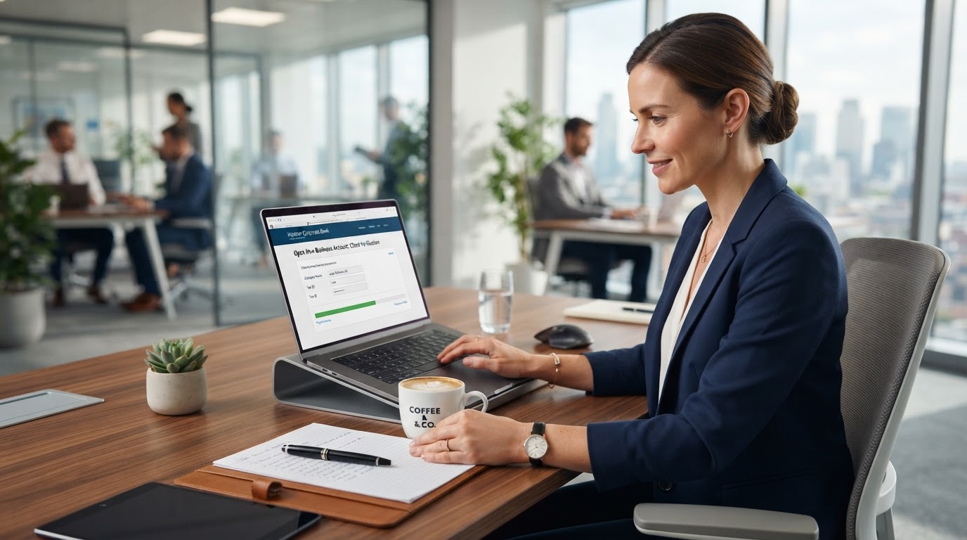 A professional accountant opening a new business bank account on a laptop screen